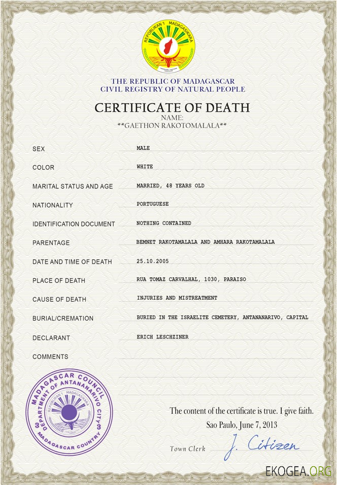 Modèle PSD de certificat de décès de l'état civil de Madagascar